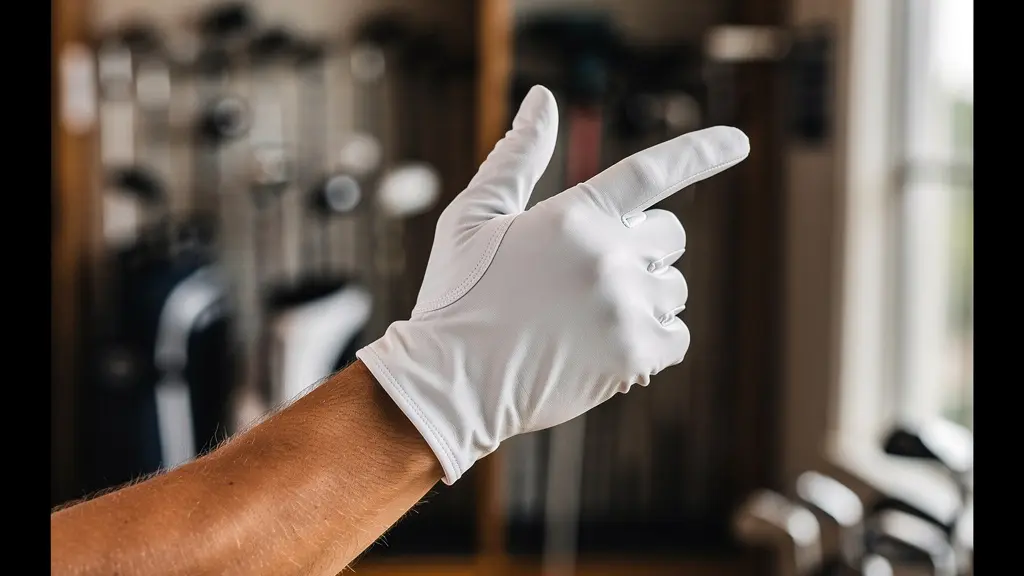 Main essayant un gant de golf avec focus sur l'ajustement aux doigts