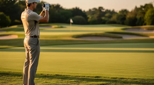 Golfeur analysant la trajectoire vers le green avec télémètre, position stratégique sur le fairway