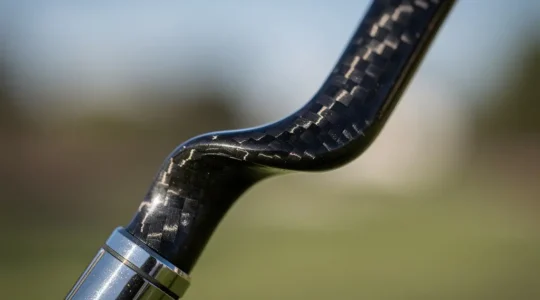 Vue en gros plan d'un shaft de golf en flexion lors de l'impact avec mise en évidence des forces dynamiques