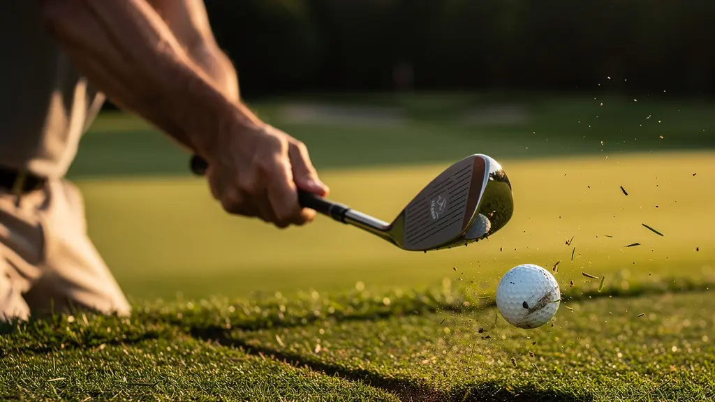 Golfeur professionnel au moment de l'impact avec la balle, montrant la technique d'angle d'attaque négatif avec un fer