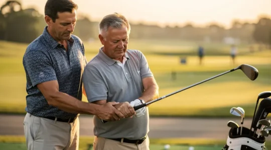 Golfeur recevant des conseils d'un professionnel sur un practice ensoleillé, illustrant l'apprentissage structuré et progressif