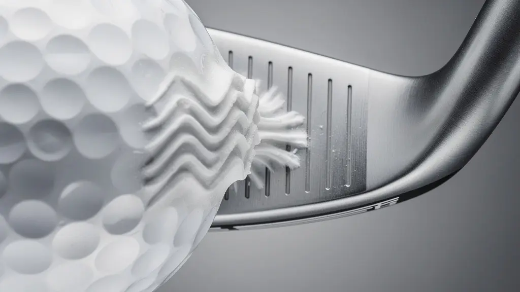 Gros plan macro sur l'impact parfait entre la face du club et la balle de golf