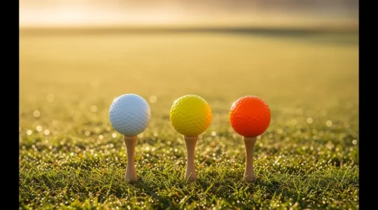 Balles de golf 2 pièces colorées sur tee avec driver et fairway en arrière-plan