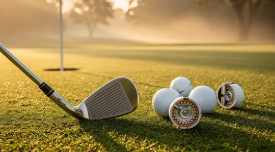 Balles de golf premium en uréthane avec wedge en action sur un green immaculé