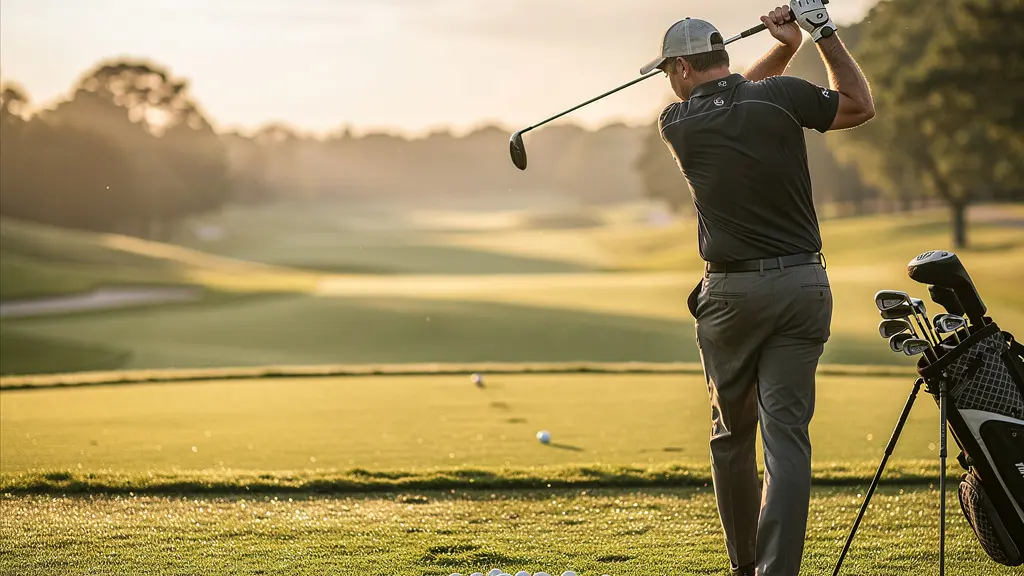 Golfeur concentré sur un practice baigné de lumière matinale, symbolisant l'immersion intensive d'un bootcamp golfique de 3 jours