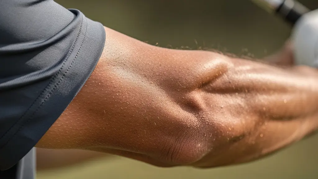 Gros plan sur le bras gauche d'un golfeur en extension naturelle pendant le swing, montrant la ligne de force