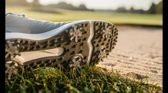 Gros plan sur des chaussures de golf spikeless sur terrain varié