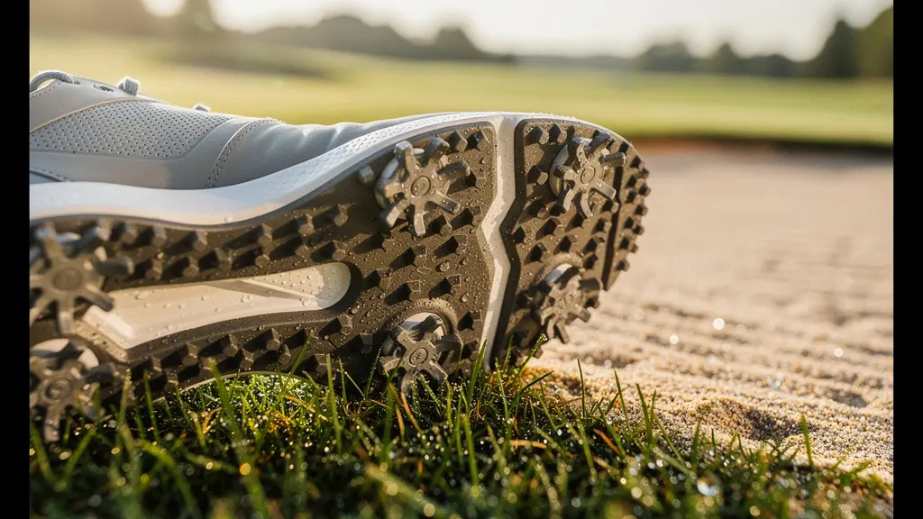 Gros plan sur des chaussures de golf spikeless sur terrain varié