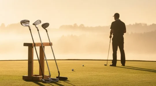 Expert analysant le mouvement de putting avec différents types de putters disposés sur le green