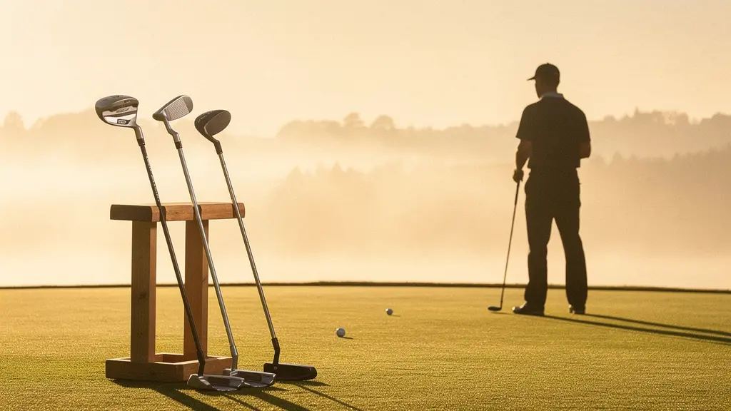 Expert analysant le mouvement de putting avec différents types de putters disposés sur le green
