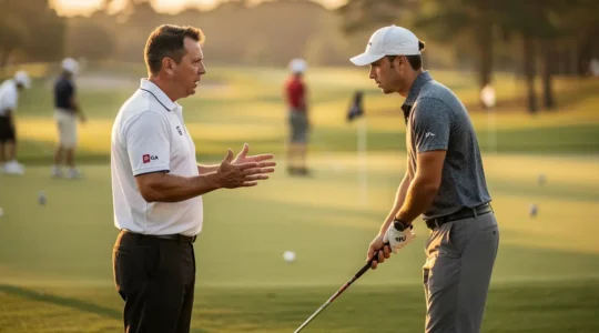 Un coach PGA analyse le swing d'un golfeur sur un terrain de pratique ensoleillé