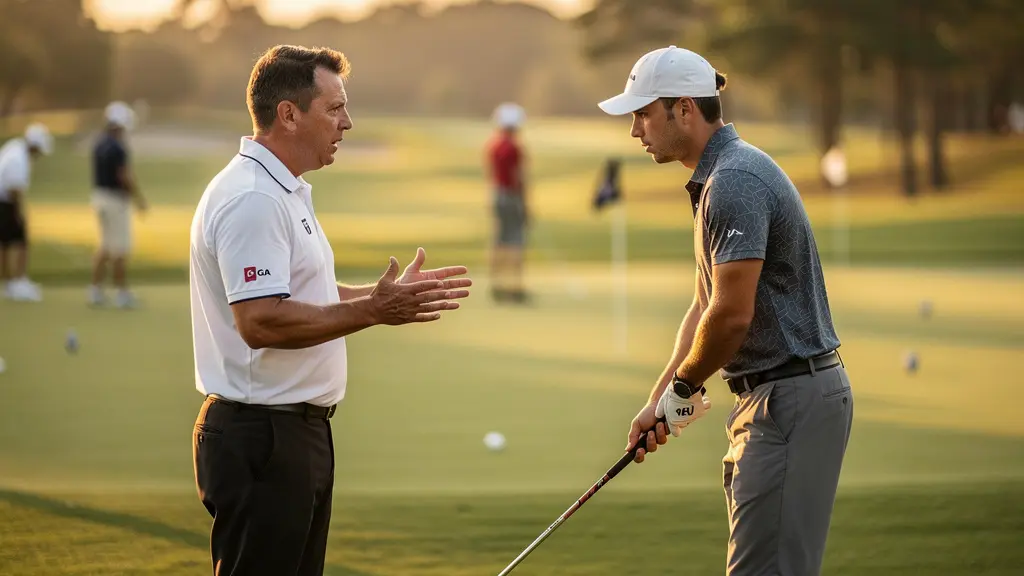 Un coach PGA analyse le swing d'un golfeur sur un terrain de pratique ensoleillé