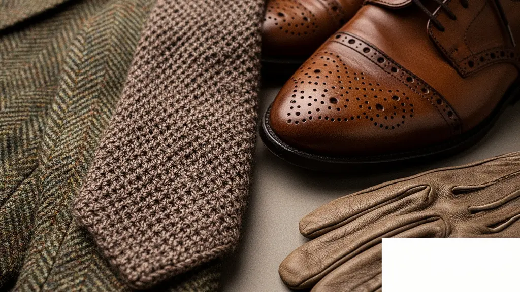 Gros plan sur des textures de vêtements de golf traditionnels (tweed, cuir, laine) soigneusement posés, sans aucune marque ni logo.