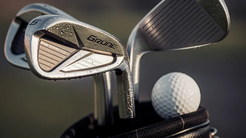 Gros plan macro sur des têtes de clubs de golf montrant un fer long tolérant et un fer court plus compact dans un sac.