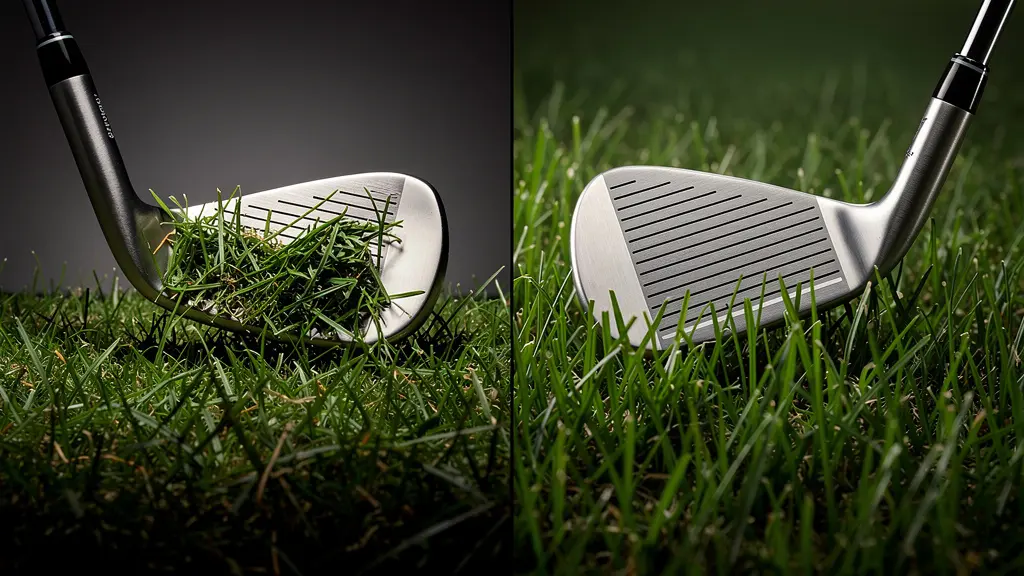 Comparaison visuelle entre l'angle d'attaque d'un fer 5 et d'un wedge dans le rough