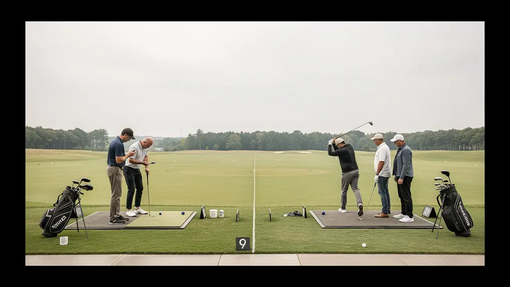 Vue comparative montrant un cours individuel et un cours collectif de golf sur un practice