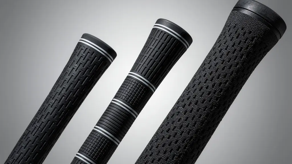 Gros plan macro sur trois tailles de grips de putter montrant les différentes textures