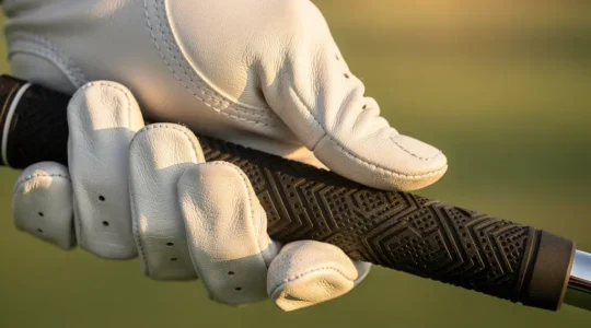 Gros plan sur une main gantée tenant un grip de golf avec précision