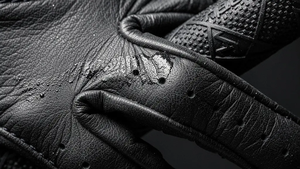 Gros plan sur la texture d’un gant de golf en cuir cabretta et la surface d’un grip, avec une fine pellicule de transpiration.