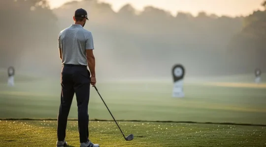 Un golfeur débutant sur un practice verdoyant au lever du soleil, prêt à effectuer son premier swing lors d'un stage d'initiation au golf