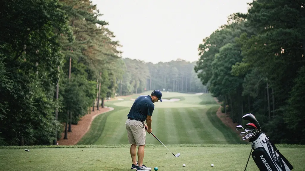 Golfeur sur un tee jouant un fer long pour assurer une mise en jeu sur un trou difficile.