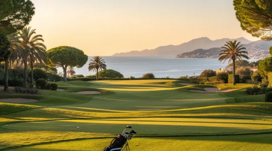 Parcours de golf au soleil d'hiver avec vue mer, palmiers et green parfaitement entretenu