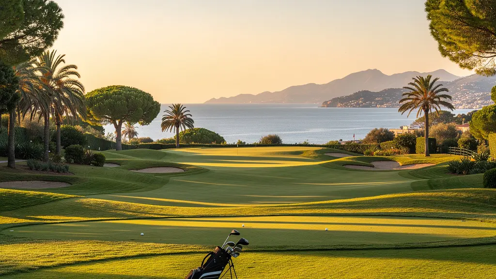 Parcours de golf au soleil d'hiver avec vue mer, palmiers et green parfaitement entretenu