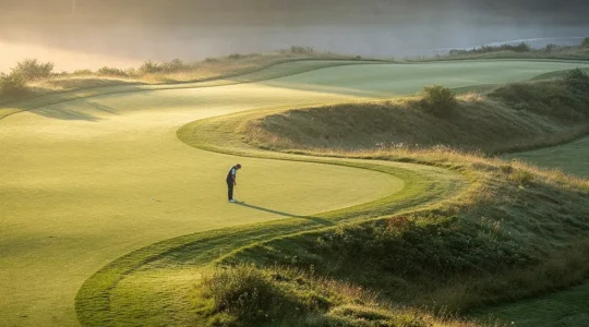 Vue aérienne d'un trou de golf en dogleg gauche avec un golfeur analysant sa trajectoire