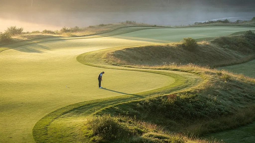 Vue aérienne d'un trou de golf en dogleg gauche avec un golfeur analysant sa trajectoire