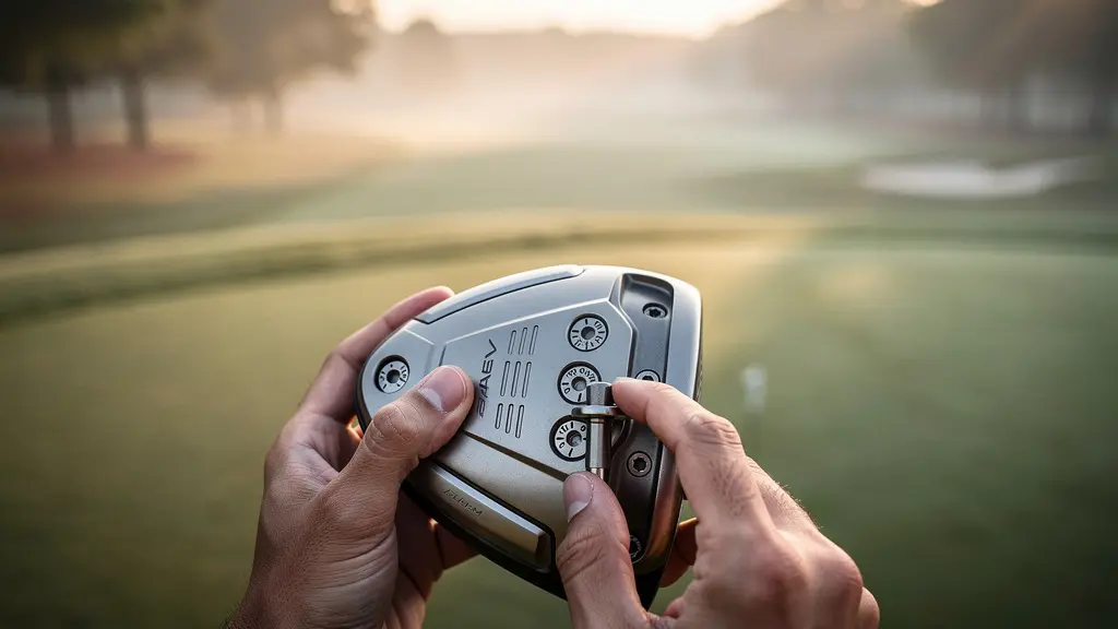 Golfeur ajustant son driver moderne sur un tee avec fairway en arrière-plan