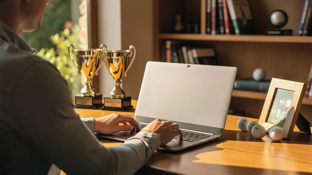 Vue de dos d'un golfeur devant un ordinateur portable vu de côté, ambiance bureau calme