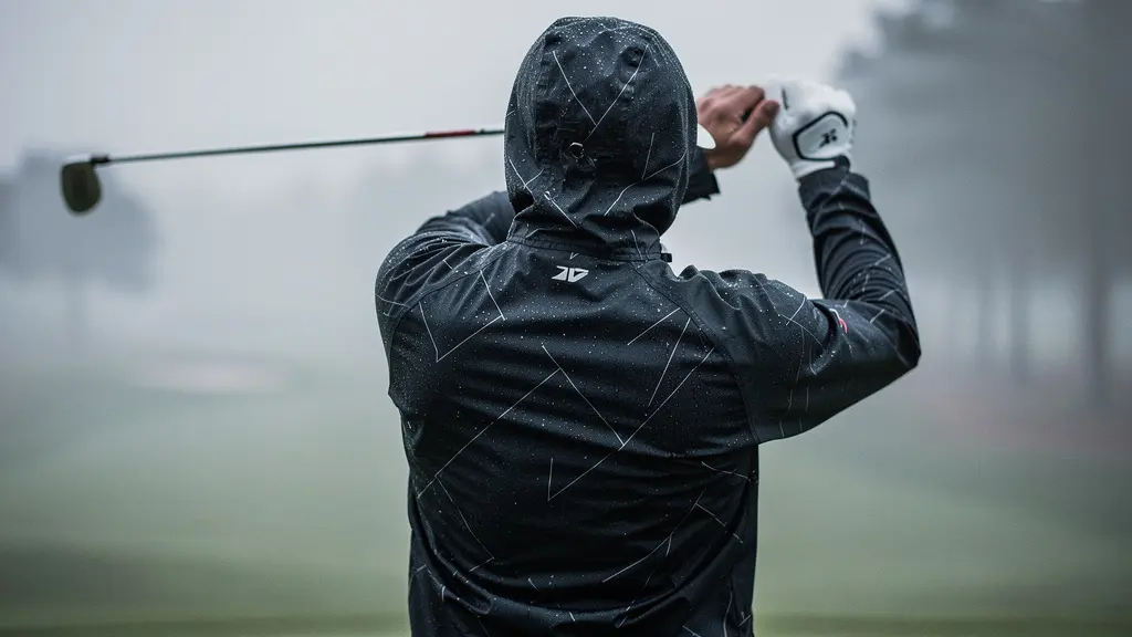 Golfeur équipé d'une tenue de pluie technique sur un parcours brumeux