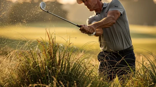 Golfeur extrayant sa balle du rough épais avec technique appropriée