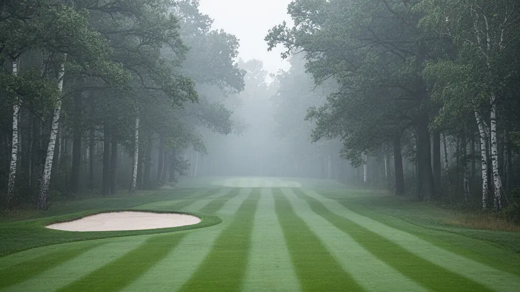 Un fairway de golf immaculé serpentant à travers une forêt dense de chênes et de pins, baigné dans une lumière matinale diffuse, sans aucune construction visible