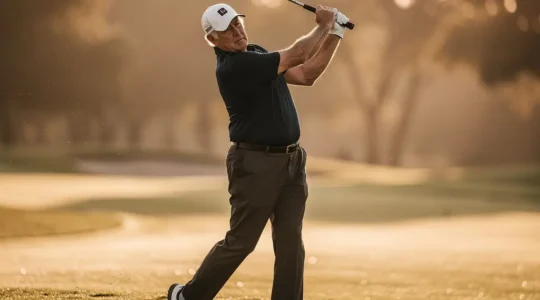 Golfeur senior exécutant un drive puissant sur un parcours verdoyant au lever du soleil