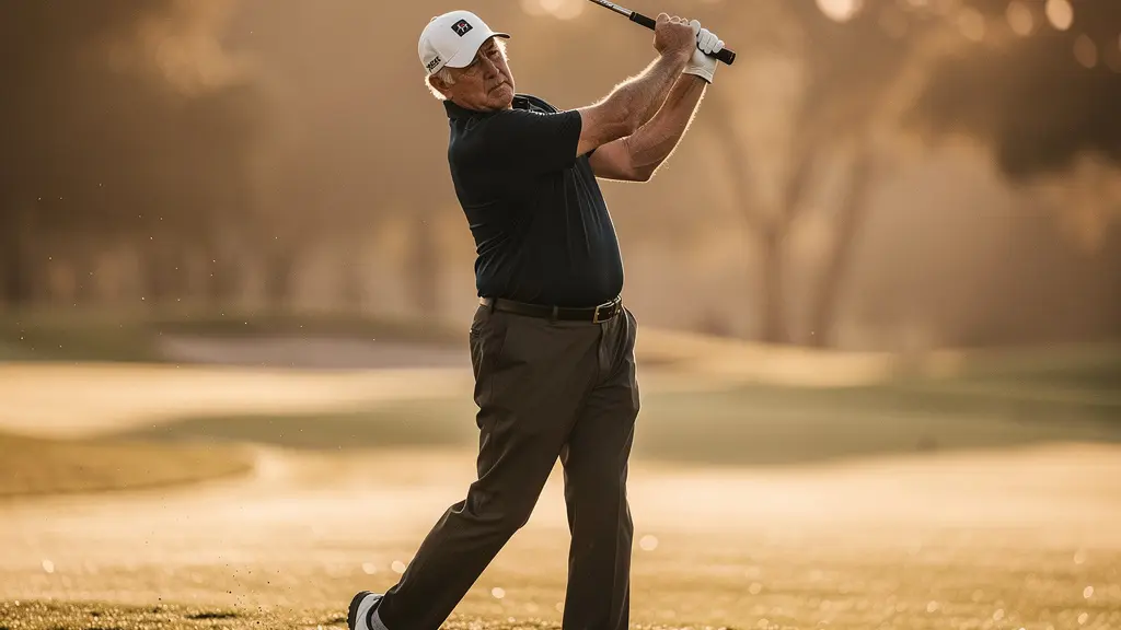 Golfeur senior exécutant un drive puissant sur un parcours verdoyant au lever du soleil
