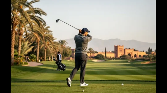 Golfeur sur un fairway au Maroc en hiver, avec palmiers et montagnes au loin, laissant un espace vide pour un titre.
