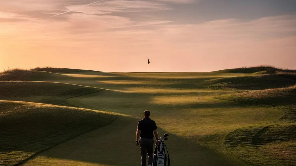 Golfeur solitaire marchant vers le 18ème trou au crépuscule avec détermination