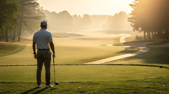 Golfeur analysant la trajectoire sur le fairway au lever du soleil