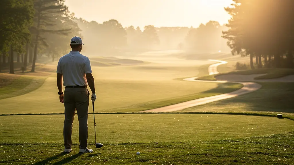 Golfeur analysant la trajectoire sur le fairway au lever du soleil