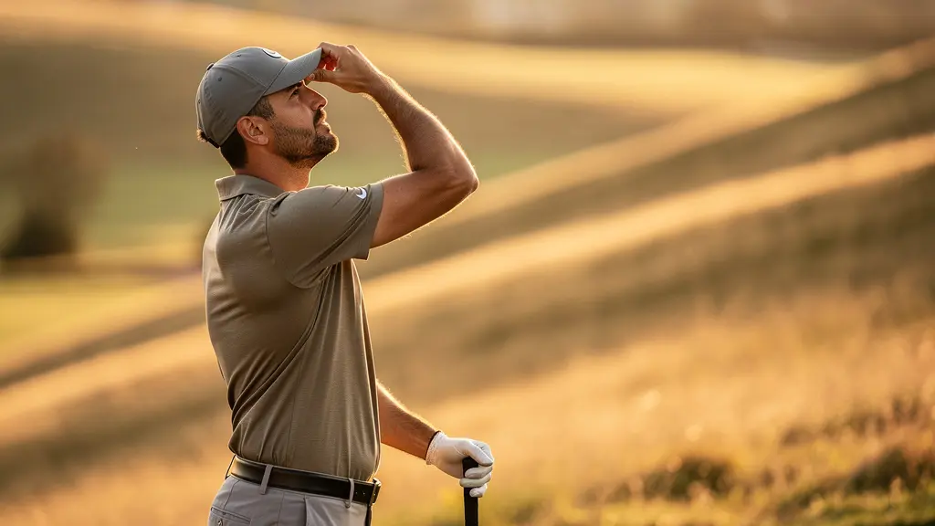 Golfeur évaluant un coup en montée sur un parcours vallonné