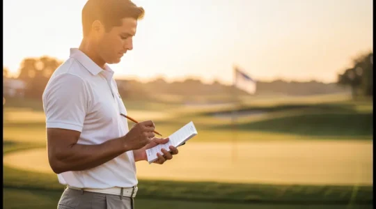 Golfeur concentré examinant sa carte de score sur un parcours au coucher du soleil