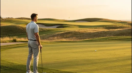 Golfeur professionnel analysant la stratégie sur un fairway verdoyant avec vue panoramique