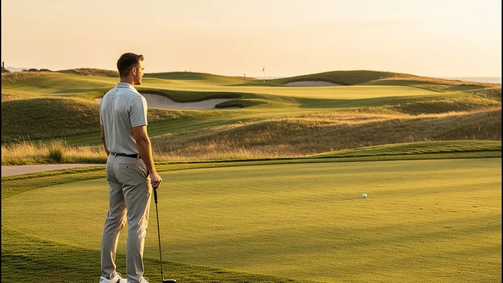 Golfeur professionnel analysant la stratégie sur un fairway verdoyant avec vue panoramique