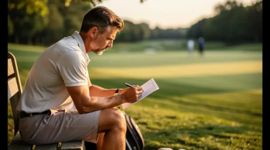 Golfeur étudiant sa carte de score sur un parcours de golf verdoyant