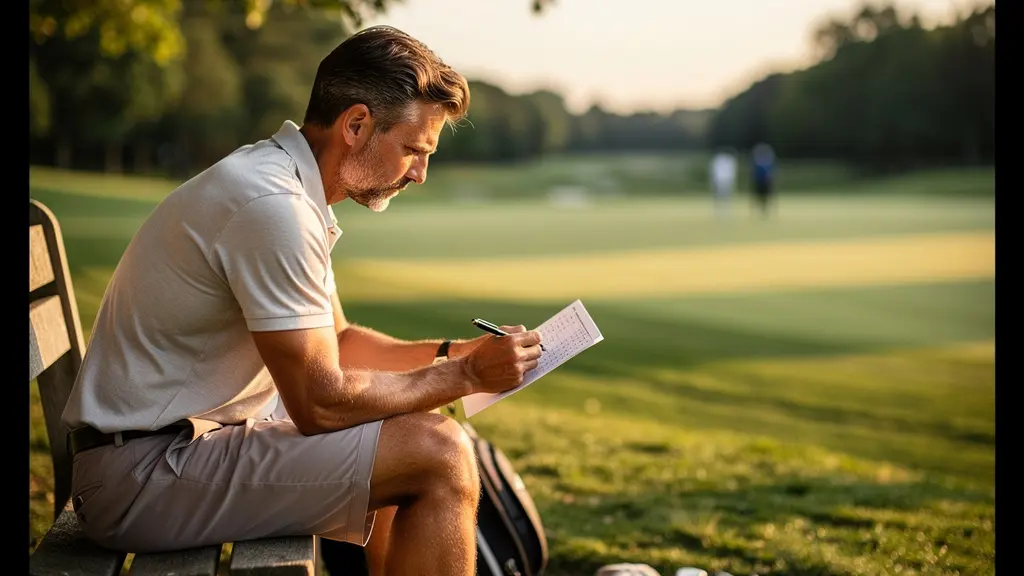 Golfeur étudiant sa carte de score sur un parcours de golf verdoyant