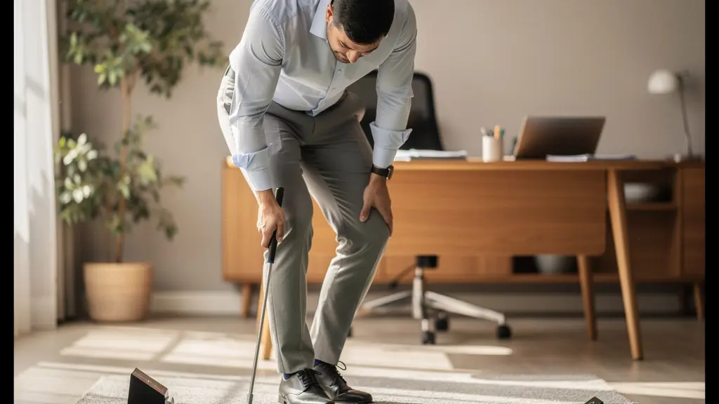 Golfeur pratiquant le putting sur un tapis d'intérieur dans un espace bureau moderne