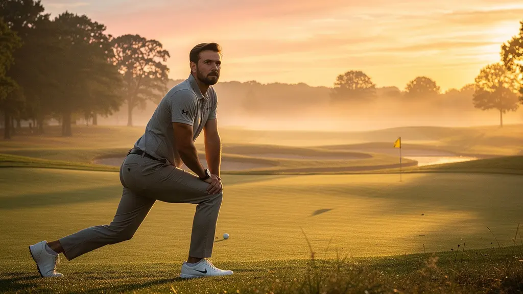 Silhouette d'un golfeur pratiquant des étirements d'ouverture de hanches sur un parcours de golf baigné dans la lumière dorée du coucher de soleil