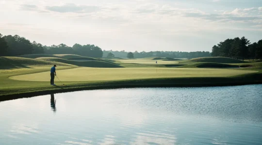 Golfeur analysant un obstacle d'eau sur un parcours verdoyant avec clubs de golf en main