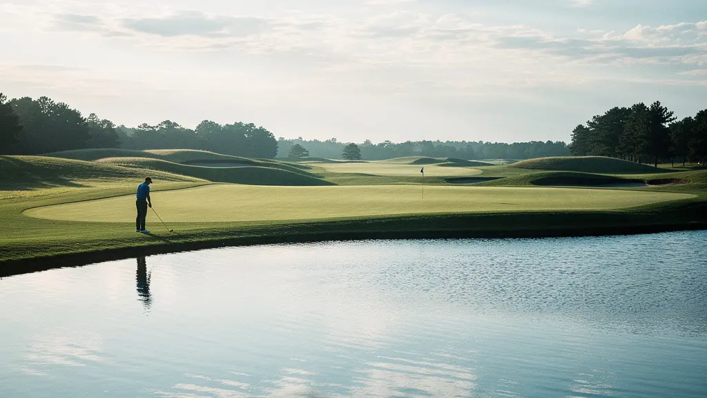 Golfeur analysant un obstacle d'eau sur un parcours verdoyant avec clubs de golf en main